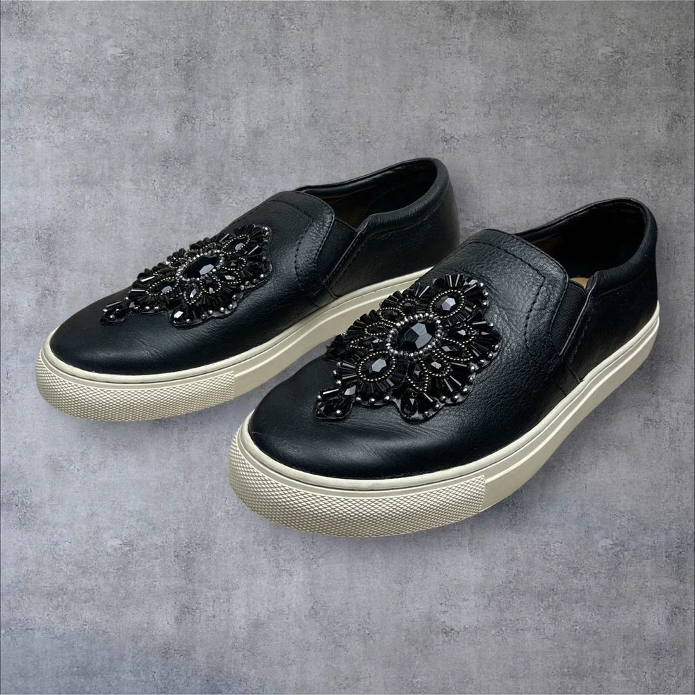 Brighton Spark Black Leather Slip On Sneaker Shoes Beaded Medallion Womens 9